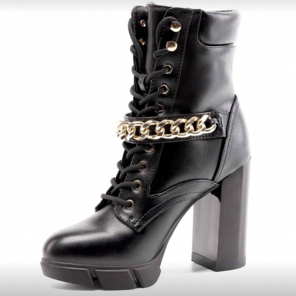 Elegant Black Lace-Up Boots with Chain Accent - Picture 3 of 11